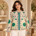 chaqueta algodón beige, chaqueta bordada mujer, bordado a mano, chaqueta floral, chaqueta artesanal, moda femenina India