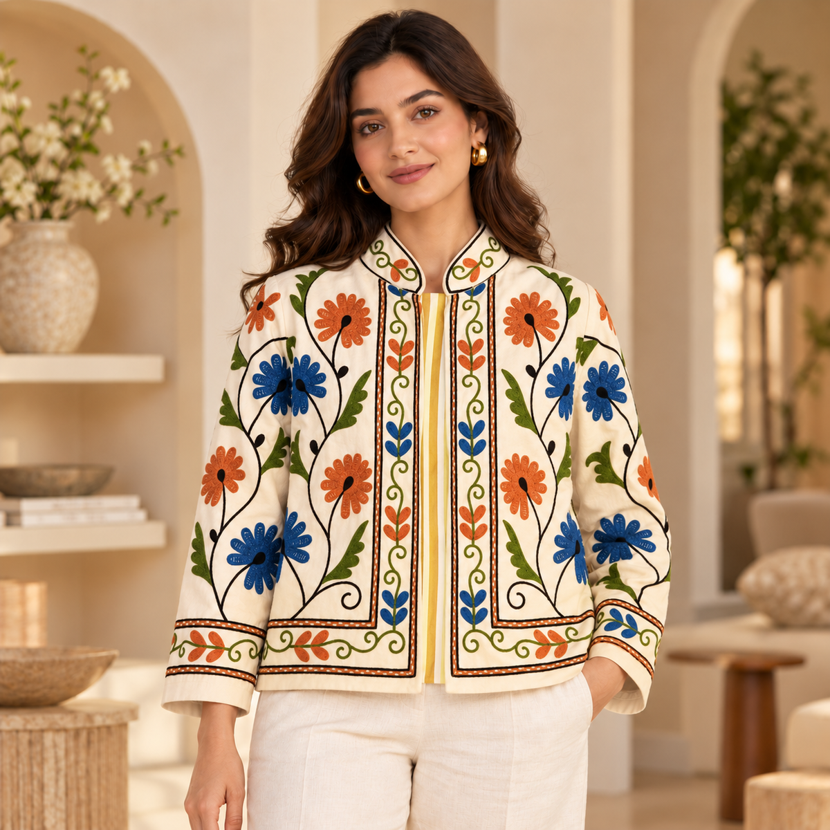 chaqueta bordada mujer, chaqueta algodón, bordado a mano, chaqueta floral, chaqueta artesanal India, moda femenina