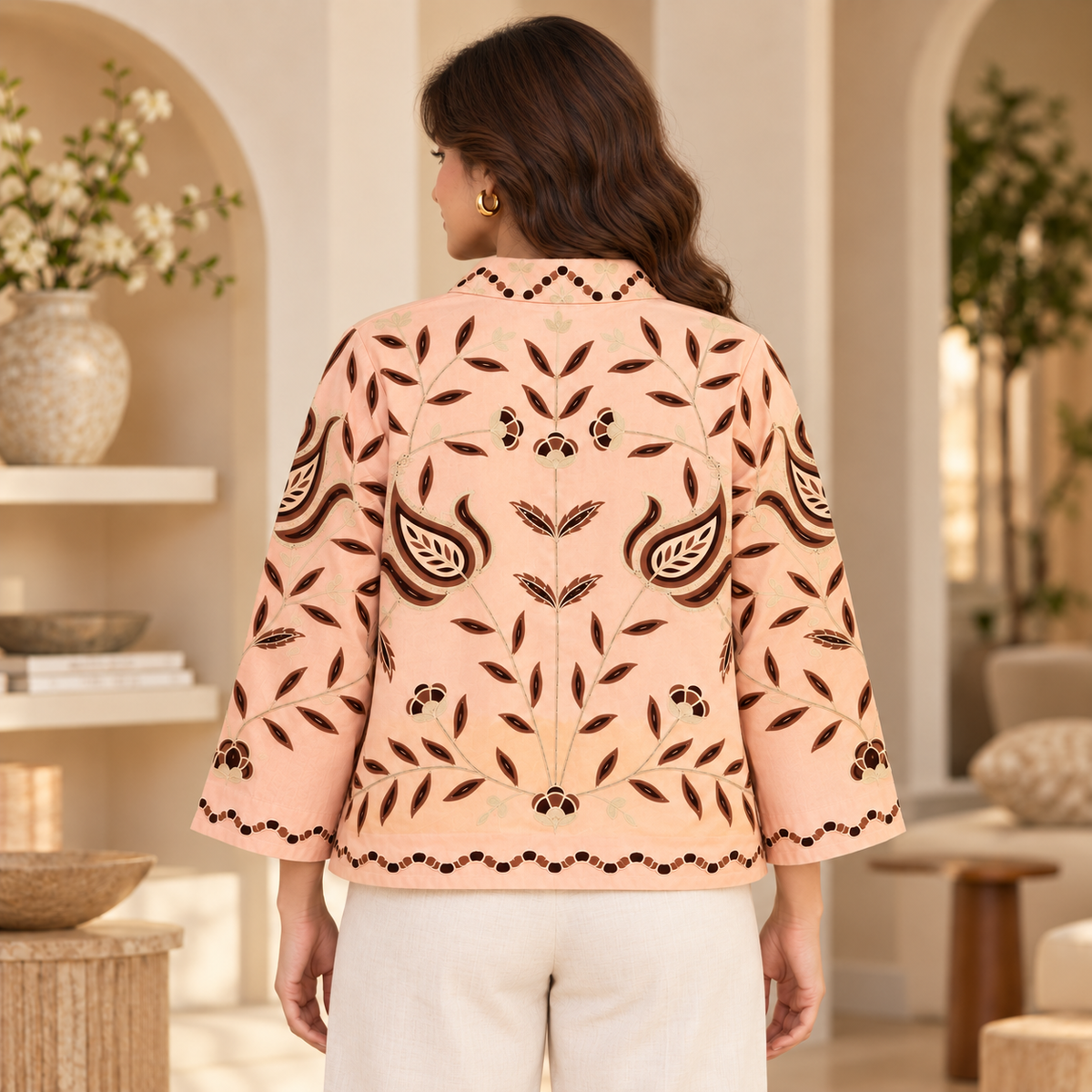 chaqueta bordada mujer, chaqueta algodón, chaqueta rosa palo