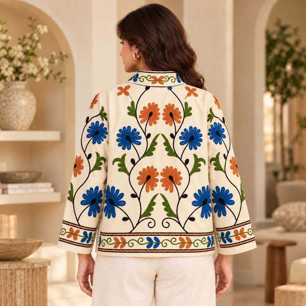 chaqueta bordada mujer, chaqueta algodón, bordado a mano, chaqueta floral, chaqueta artesanal India, moda femenina