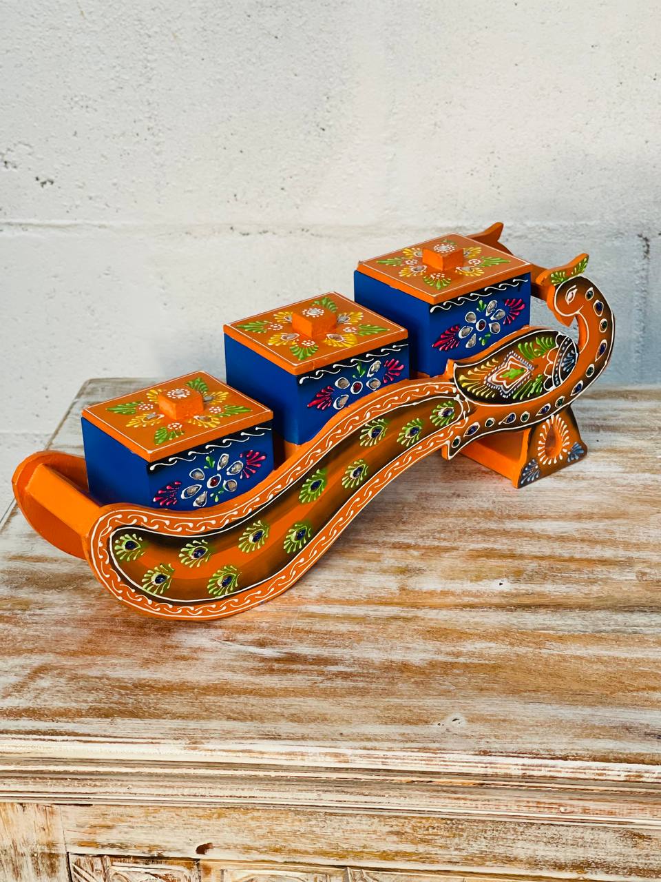 Porta Snacks "Pavo Real de Festín" - Madera Pintada a Mano