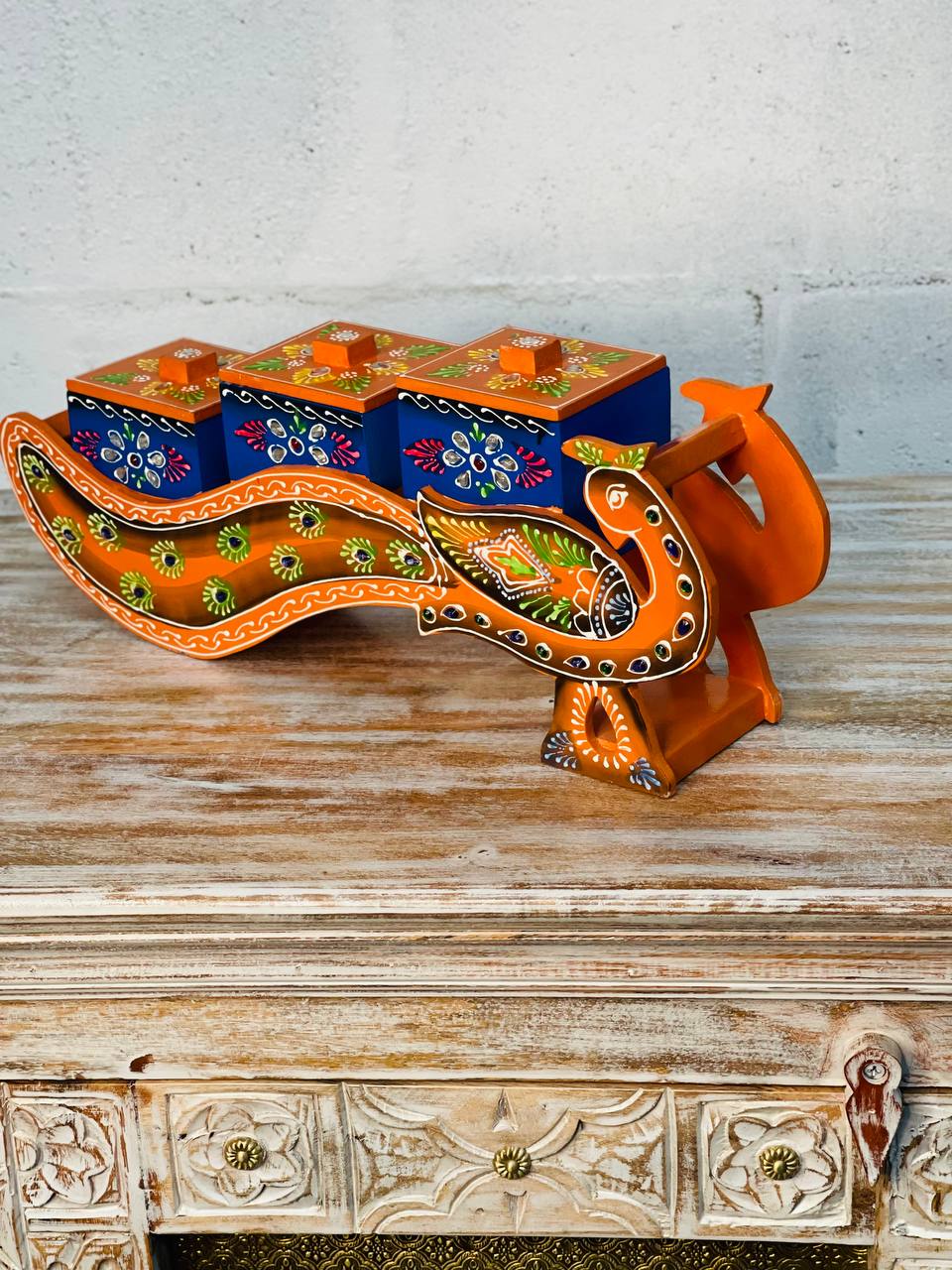 Porta Snacks "Pavo Real de Festín" - Madera Pintada a Mano