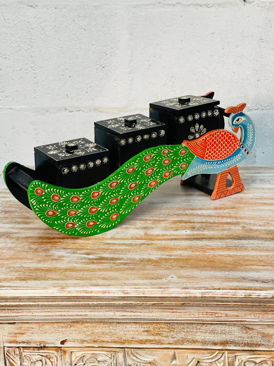 Porta Snacks "Pavo Real de Festín" - Madera Pintada a Mano